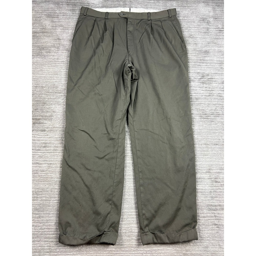 Unbranded Chino Pants Mens 40x29 Green Pleated Cuffed Relaxed Twill Trousers